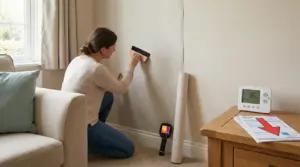 Persona applica materiale isolante su una parete interna di casa con una spazzola.