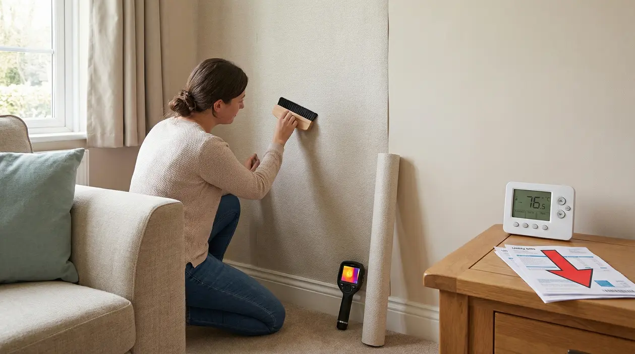 Persona applica materiale isolante su una parete interna di casa con una spazzola.