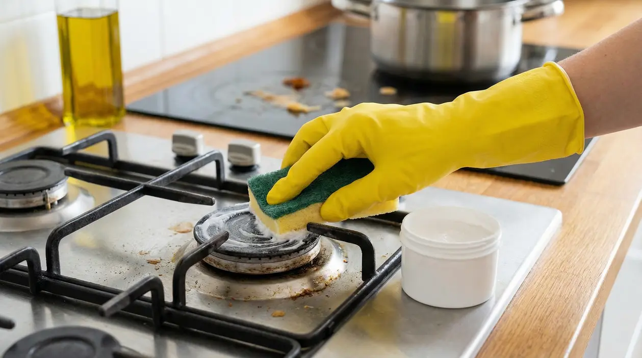 Una persona con guanto giallo pulisce un piano cottura con una spugna e un prodotto in crema