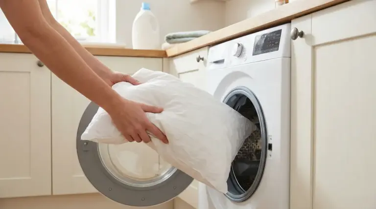 Una persona inserisce un cuscino bianco in una lavatrice in una lavanderia domestica