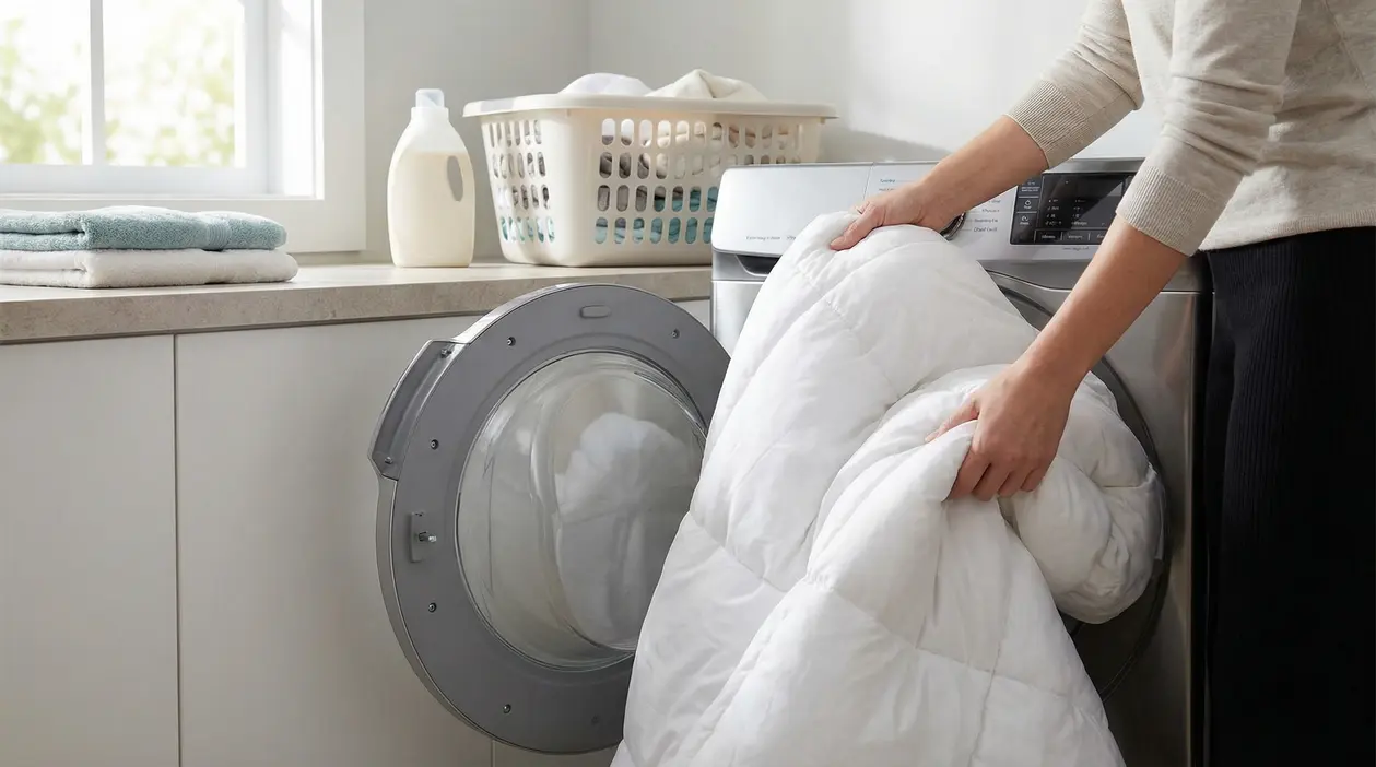 Una persona inserisce un piumone bianco in una lavatrice frontale in una lavanderia domestica.
