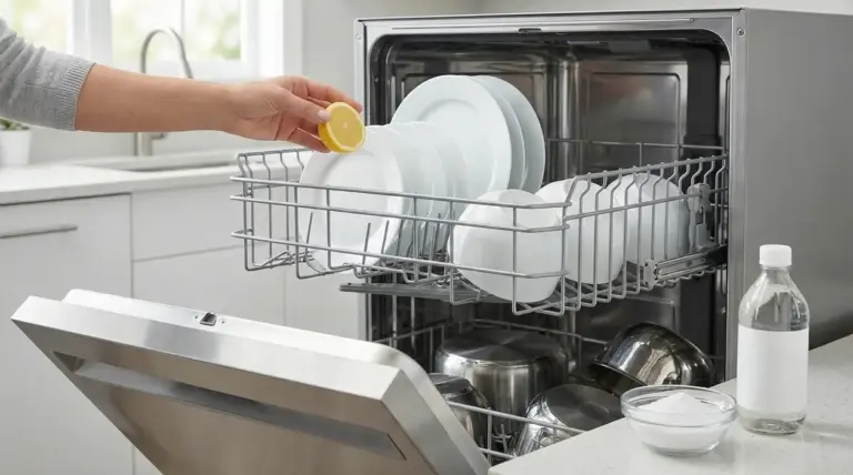 Persona inserisce una fetta di limone in una lavastoviglie piena di piatti bianchi