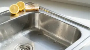Lavello da cucina in acciaio inox con mezzo limone e una spugna appoggiati sul bordo