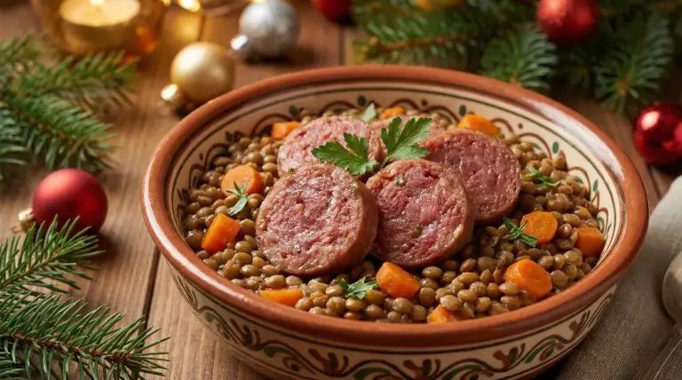 Piatto di lenticchie con cotechino e carote in una ciotola decorata su tavola natalizia