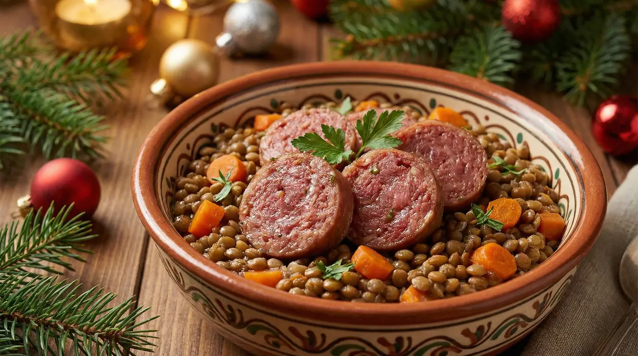 Piatto di lenticchie con cotechino e carote in una ciotola decorata su tavola natalizia