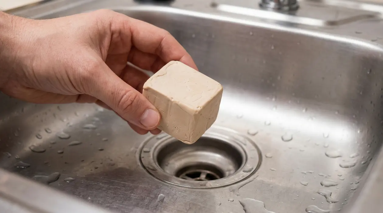 Una mano tiene un cubetto di lievito di birra sopra un lavandino da cucina
