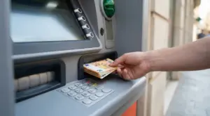 Una mano preleva banconote da uno sportello bancomat