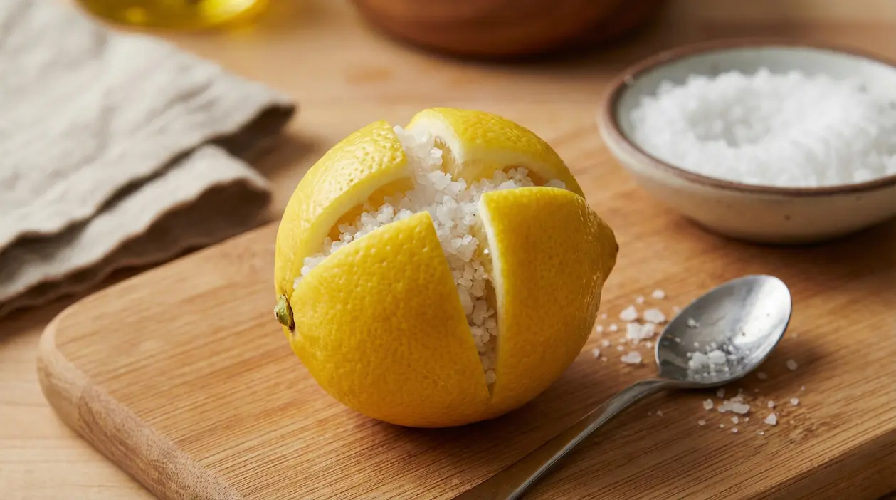 Limone inciso a croce riempito di sale grosso su un tagliere di legno