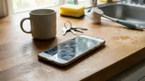 Smartphone con impronte digitali su un piano cucina accanto a una tazza, chiavi e spugne