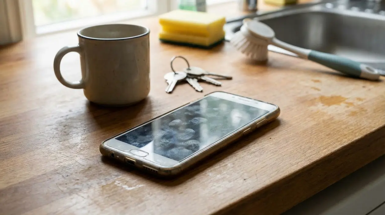 Smartphone con impronte digitali su un piano cucina accanto a una tazza, chiavi e spugne