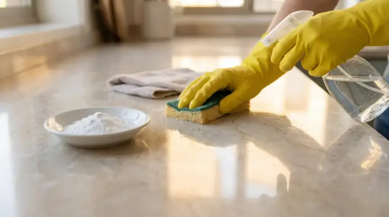 Una persona pulisce un piano in marmo con guanti gialli, spugna e spray naturale