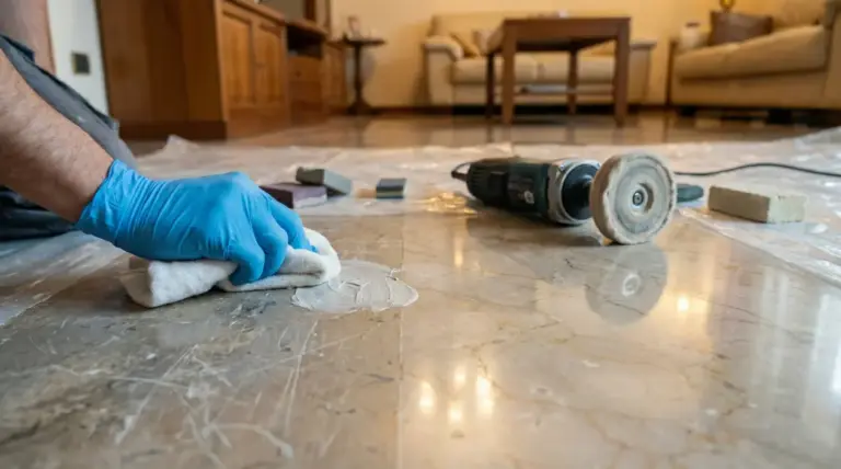 Persona lucida un pavimento in marmo graffiato con un panno e prodotti fai da te