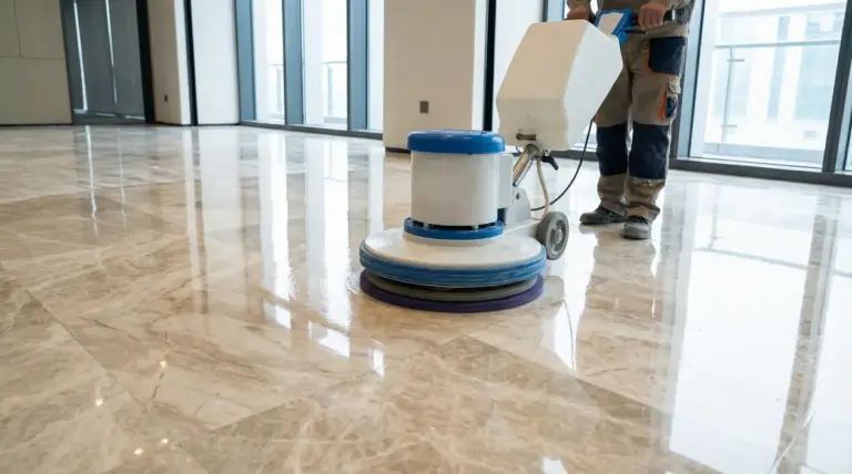 Persona che lucida un pavimento in marmo con una macchina professionale