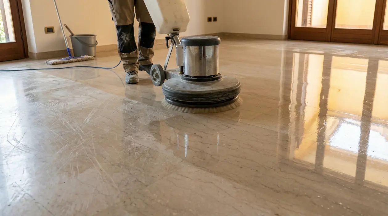 Lucidatura di un pavimento in marmo con una macchina professionale