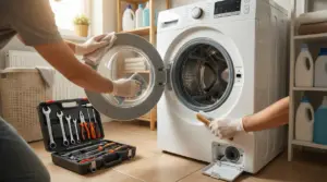 Due persone puliscono una lavatrice con attrezzi e guanti in un ambiente domestico.