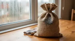 Sacchetto di juta con sali igroscopici su un tavolo vicino a una finestra appannata