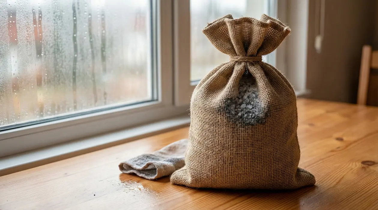 Sacchetto di juta con sali igroscopici su un tavolo vicino a una finestra appannata