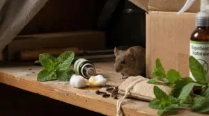 Un topo vicino a oli essenziali, menta e cotone su un ripiano polveroso in garage o soffitta