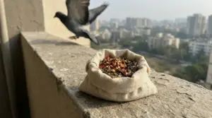 Un sacchetto di spezie naturali su un davanzale con un piccione in volo sullo sfondo
