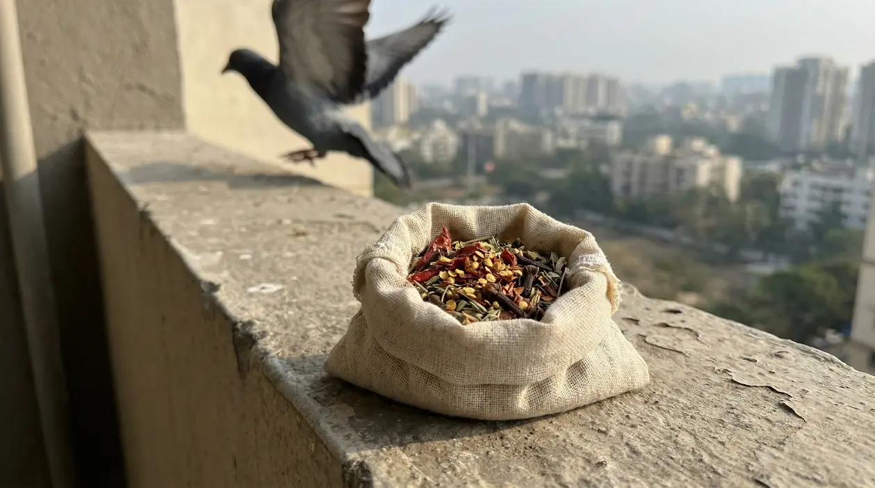 Un sacchetto di spezie naturali su un davanzale con un piccione in volo sullo sfondo