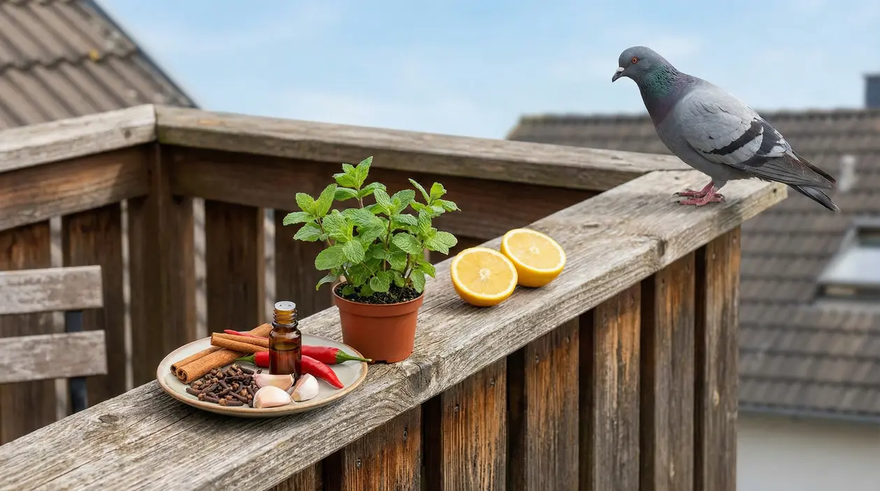 Piccione su un balcone vicino a rimedi naturali come menta, agrumi e spezie