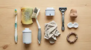 Otto oggetti usati quotidianamente disposti su un tavolo in legno chiaro