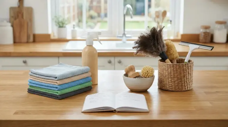 Utensili per le pulizie domestiche su un piano cucina ordinato con un quaderno aperto