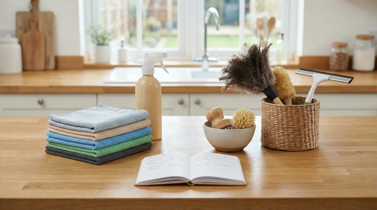 Utensili per le pulizie domestiche su un piano cucina ordinato con un quaderno aperto