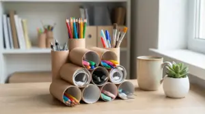 Rotoli di carta igienica riutilizzati come organizer per penne, cavi e accessori su una scrivania