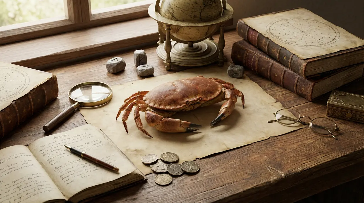 Granchio su una scrivania con libri antichi, monete e una lente d'ingrandimento