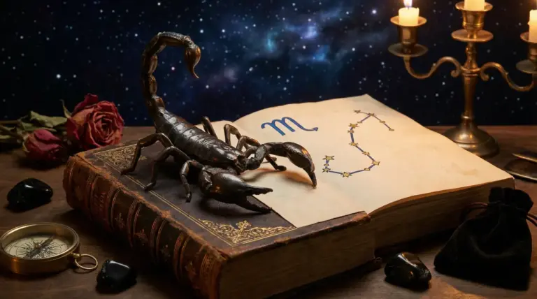 Scorpione decorativo su un libro antico aperto alla costellazione dello Scorpione, con sfondo stellato