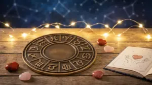 Simboli zodiacali su un disco di bronzo accanto a un libro aperto e cristalli su un tavolo di legno