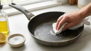 Mano che strofina una padella con del sale grosso usando un panno in cucina