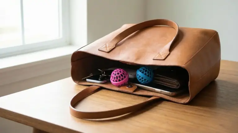 Borsa in pelle aperta con palline pulisci borsa all'interno su un tavolo