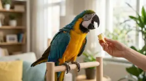Pappagallo colorato su un trespolo mentre una mano gli offre un pezzo di frutta