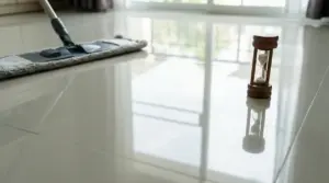 Pavimento lucido con mocio e clessidra su sfondo di luce naturale