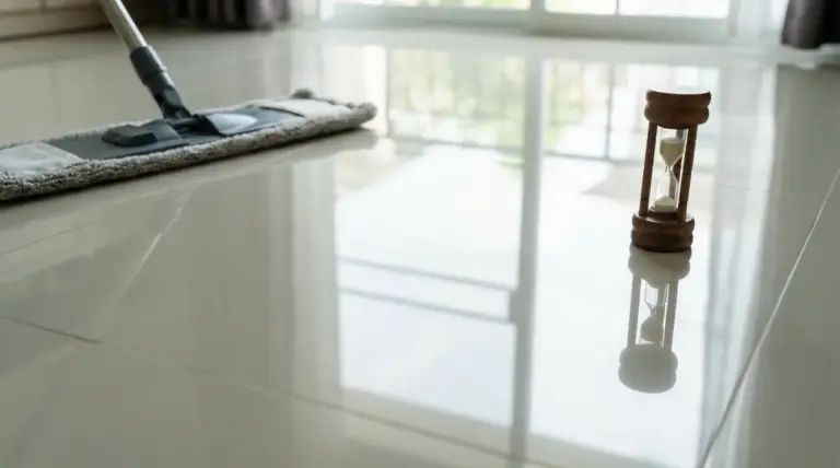 Pavimento lucido con mocio e clessidra su sfondo di luce naturale