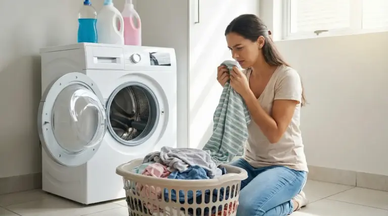 Persona che annusa un capo di abbigliamento accanto a una lavatrice aperta
