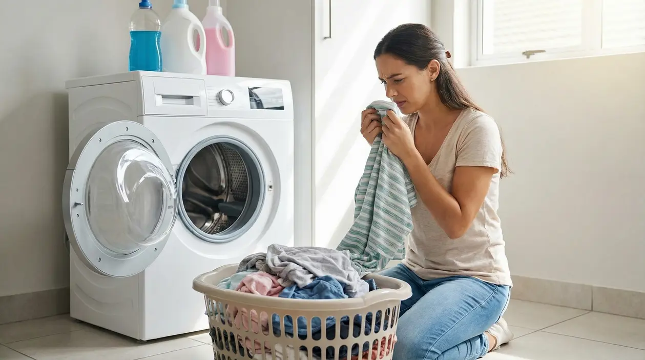 Persona che annusa un capo di abbigliamento accanto a una lavatrice aperta