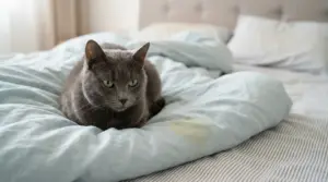 Gatto grigio su un letto con una macchia visibile sulle lenzuola