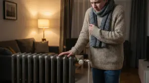 Persona infreddolita con sciarpa vicino a un termosifone spento in un soggiorno.