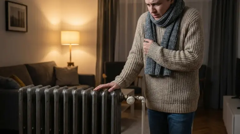 Persona infreddolita con sciarpa vicino a un termosifone spento in un soggiorno.