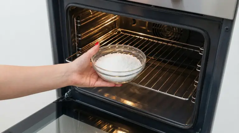 Una mano inserisce una ciotola di sale grosso in un forno aperto