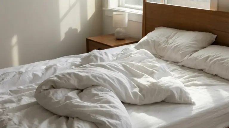 Letto sfatto con lenzuola bianche in una stanza illuminata dalla luce del mattino