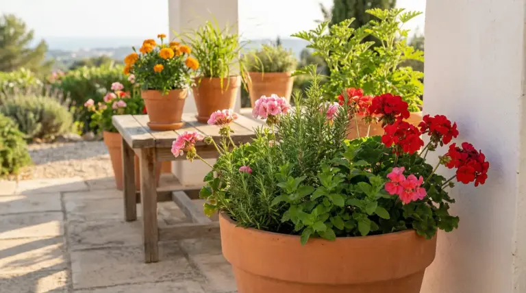 Vasi di fiori colorati e piante aromatiche su una terrazza soleggiata
