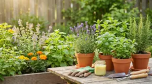 Vasi di piante aromatiche su un tavolo da giardino con candele e attrezzi da giardinaggio