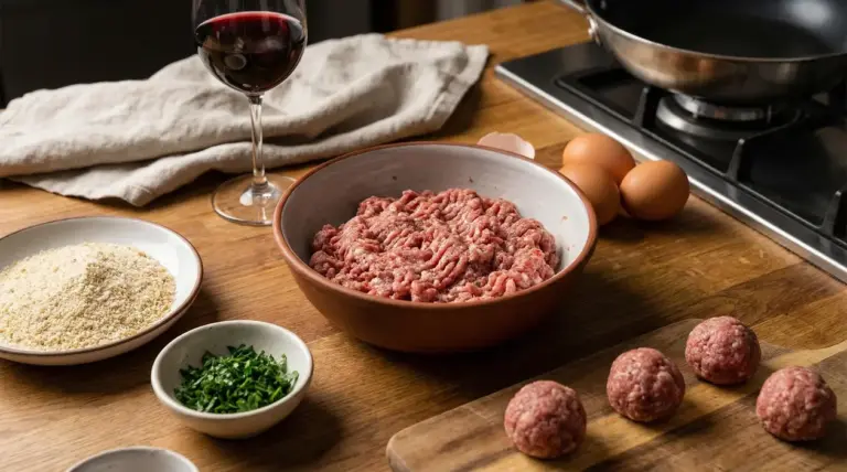 Ingredienti freschi per polpette su un piano di lavoro in cucina
