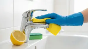 Una mano con guanto blu pulisce un rubinetto con un panno giallo per rimuovere il calcare