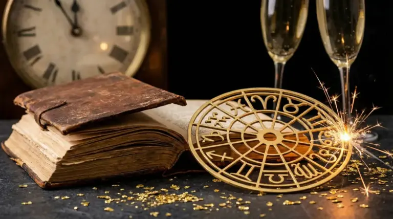 Vecchio libro, orologio, simboli zodiacali e calici con scintille su sfondo festivo