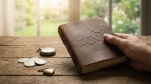 Una mano tiene un vecchio libro con una costellazione incisa sulla copertina, su un tavolo di legno con monete e un orologio tascabile.